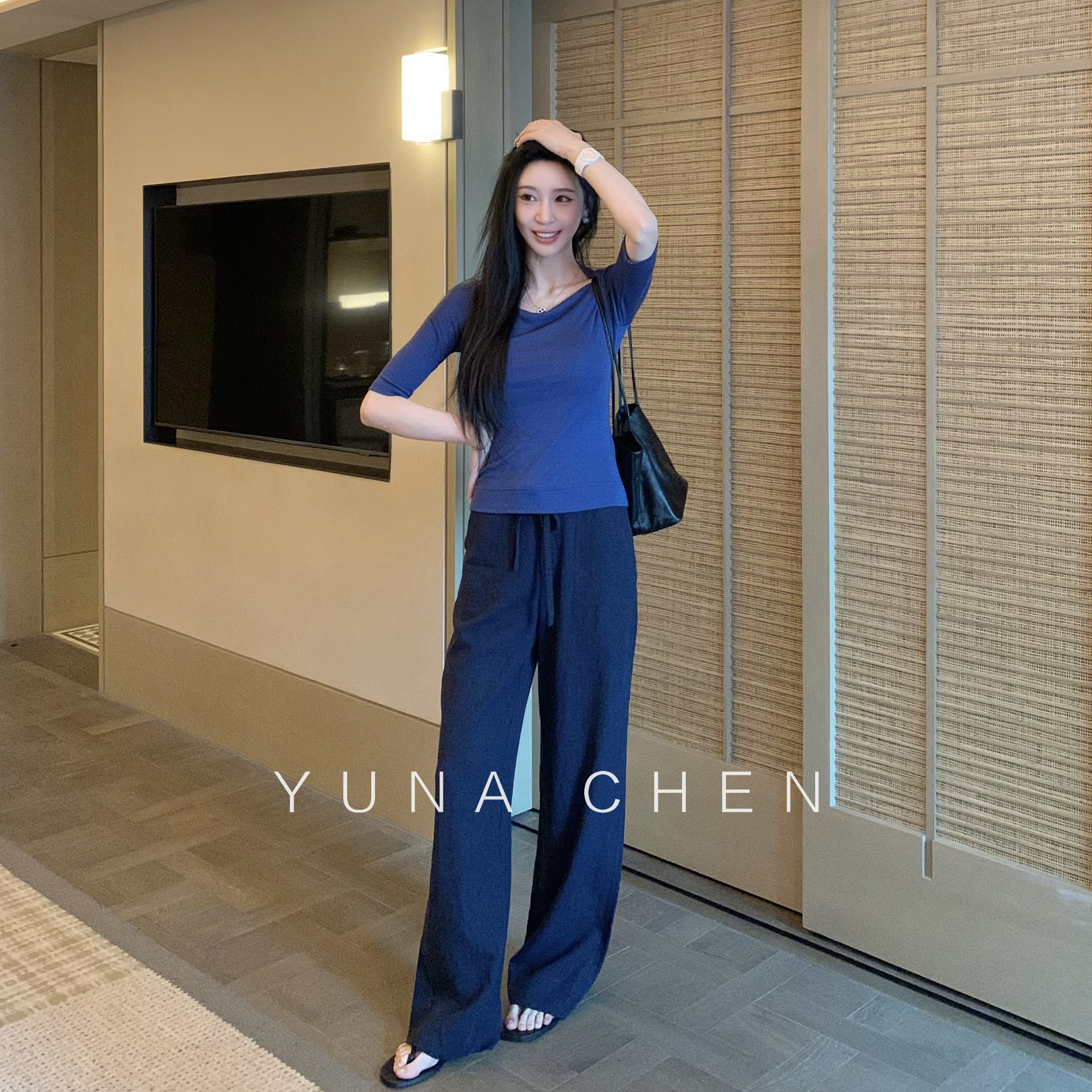 菠萝宝宝yuna【蓝调松弛】休闲裤阔腿藏青色抽绳苎麻梭织长裤子女