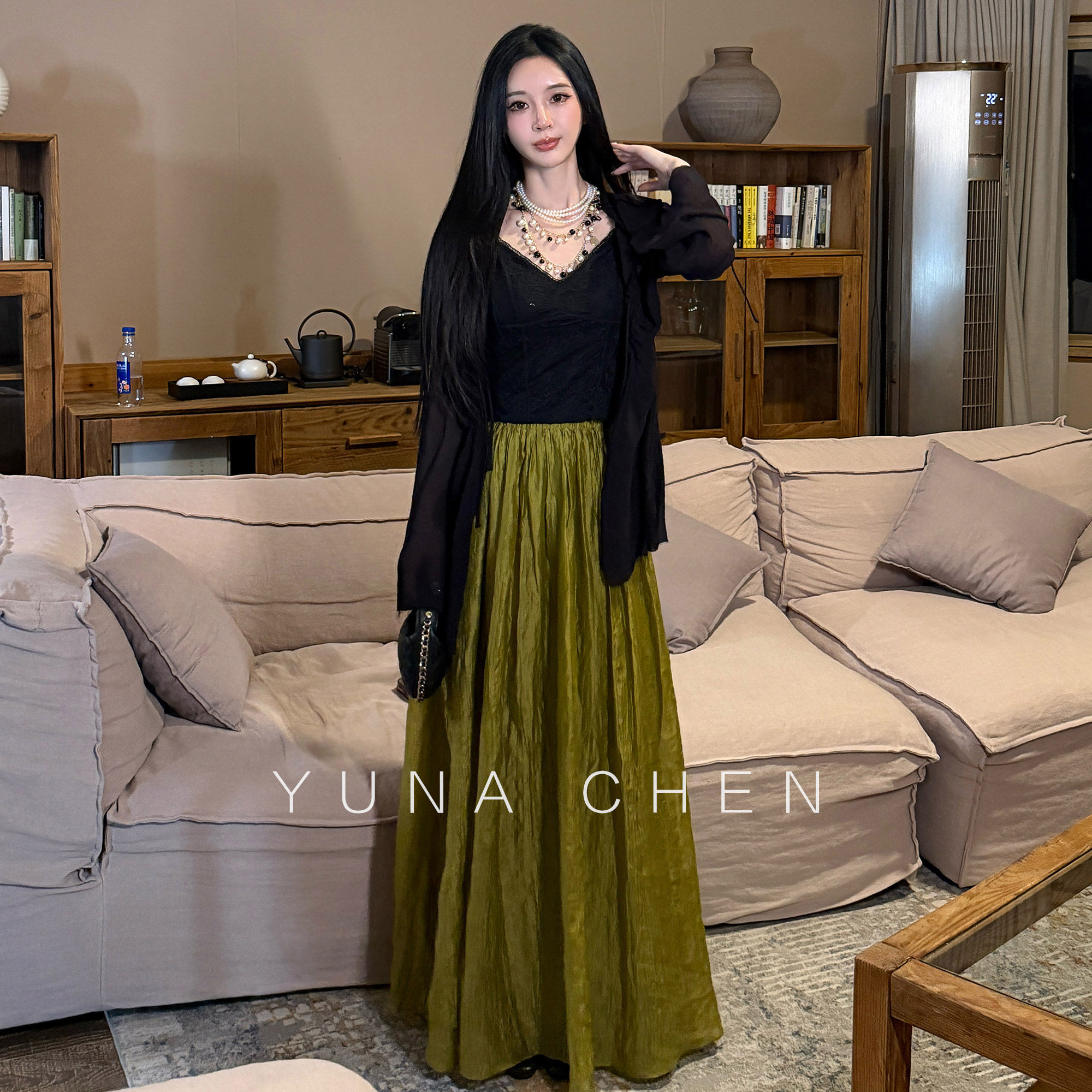 菠萝宝宝yuna【松弛序章】半身裙女夏休闲百搭褶皱松紧腰果绿裙子