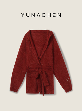 菠萝宝宝yuna【微风情书】兔毛绵羊毛混纺红色系带开衫针织衫YL12