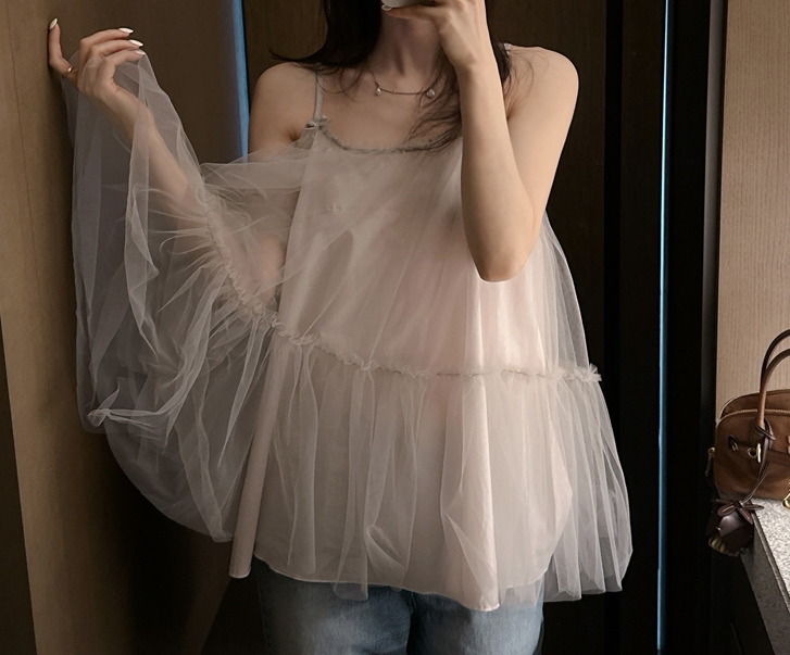 2025春夏韩国东大门新款短款百搭甜美公主风网纱圆领吊带连衣裙女