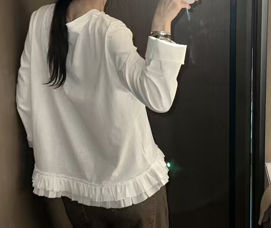 2025秋季新款韩国东大门花边拼接白色长袖T恤女宽松内搭打底衫女