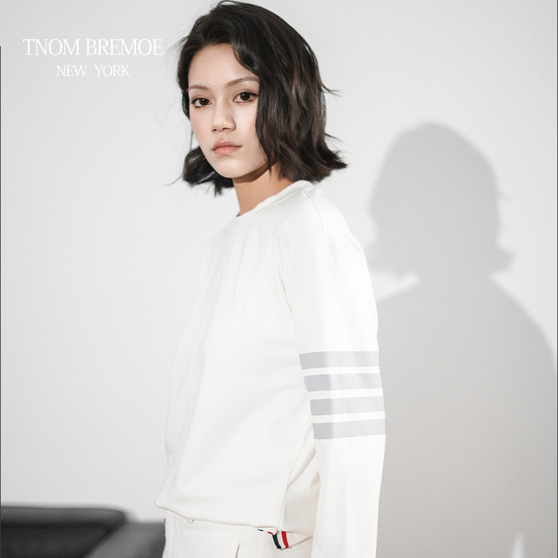 [TNONBREMOE]TB男女同款简约风白色圆领卫衣宽松条纹袖情侣款休闲