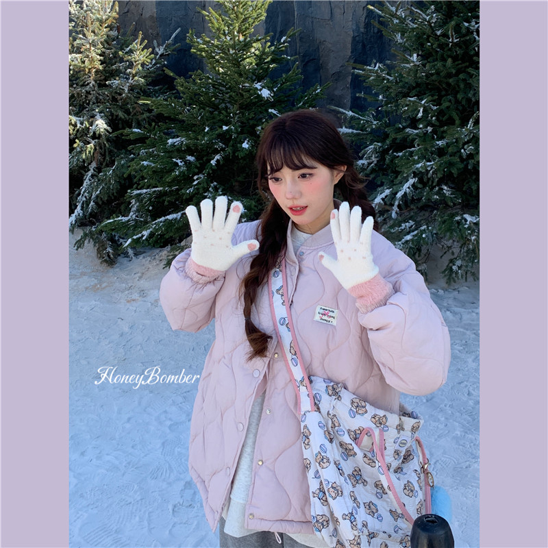 少女感布标浅紫色棉服外套