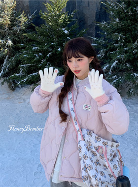 甜心轰炸机秋冬季少女感浅紫色菱格子女薄款羽绒棉服外套短款棉衣