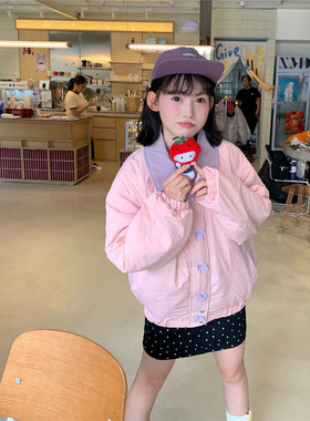 甜心轰炸机翻领格小个子粉色冬季宽松休闲蝴蝶结领子羽绒棉服外套