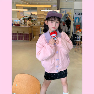 甜心轰炸机翻领格小个子粉色冬季宽松休闲蝴蝶结领子羽绒棉服外套