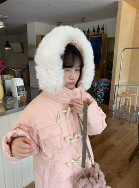 牛角扣羽绒棉服女冬季中长款棉衣