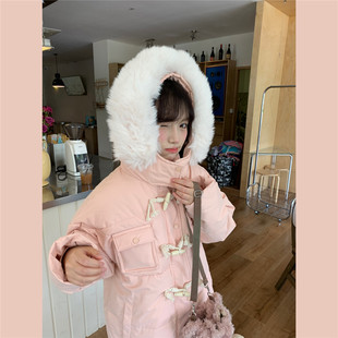 甜心轰炸机少女感粉色加厚暖牛角扣羽绒棉服女冬季中长款过膝棉衣
