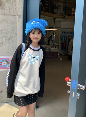 甜心轰炸机盐系美式复古格子小狗秋冬插肩袖加绒加厚卫衣学生情侣