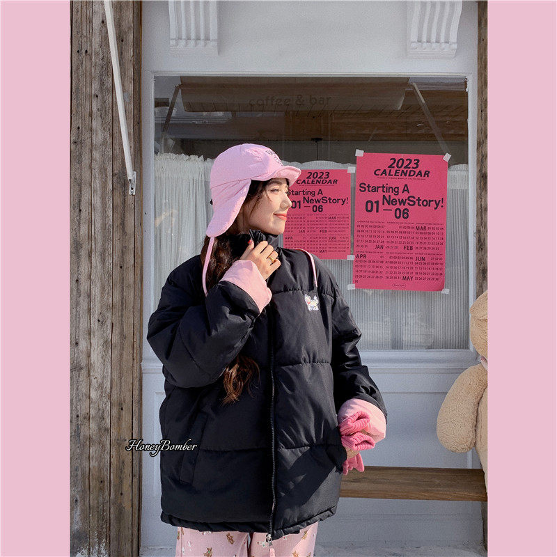 甜心轰炸机猫黑色羽绒棉服女高级感加厚保暖棉袄学生短款棉衣外套