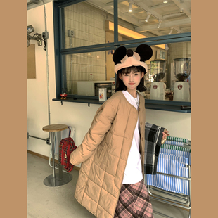 甜心轰炸机复古美式棕色做旧菱格子格纹羽绒棉服棉衣外套女长款袄