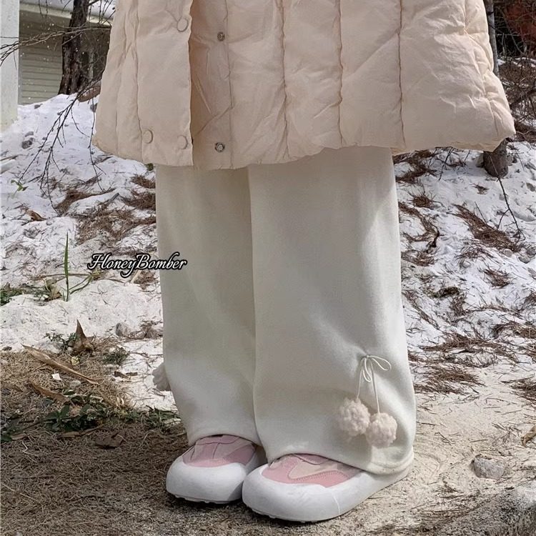 白色加绒阔腿裤女裤毛球加厚保暖