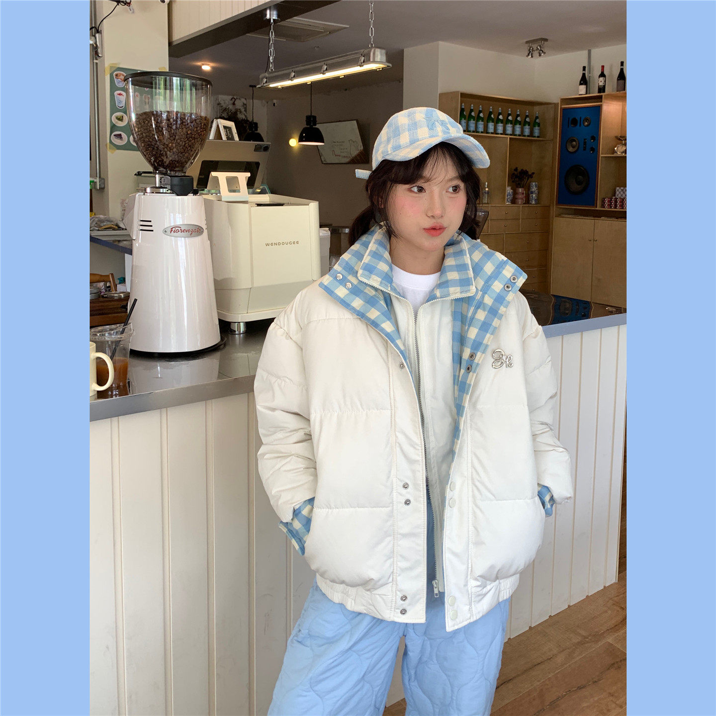 美式学院藏青色蓝格纹假两件棉服