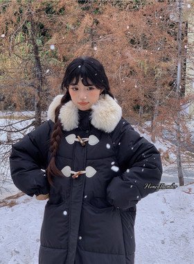 甜心轰炸机秋冬季黑色连帽毛领牛角扣棉服女中长款加厚棉衣外套