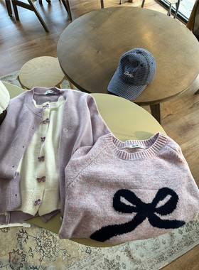 甜心轰炸机紫色蝴蝶结套头设计感长袖毛衣女2025冬小个子外套上衣