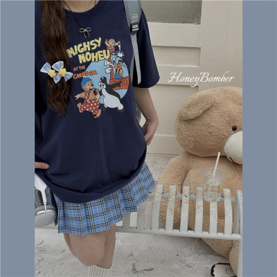 可爱童趣风短袖夏季藏青色T恤女