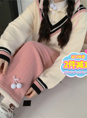 甜心轰炸机秋冬季高腰灯芯绒阔腿裤女毛球糯米长裤宽松直筒休闲裤