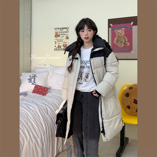 两色撞色中长款 甜心轰炸机秋冬季 连帽棉服女保暖加厚宽松棉衣外套