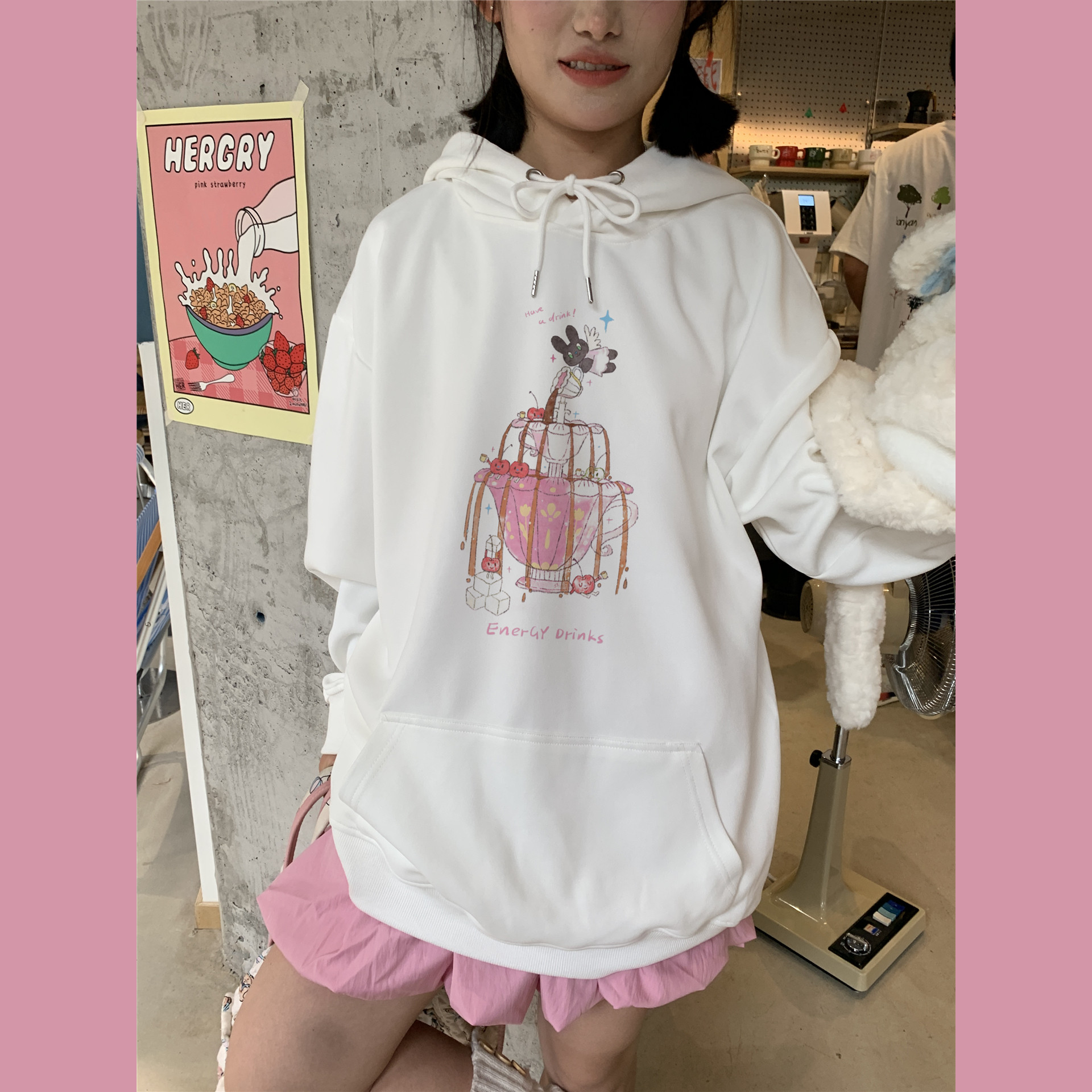 甜心轰炸机简笔画涂鸦碎花天使连帽卫衣加绒加厚白色外套女秋冬潮