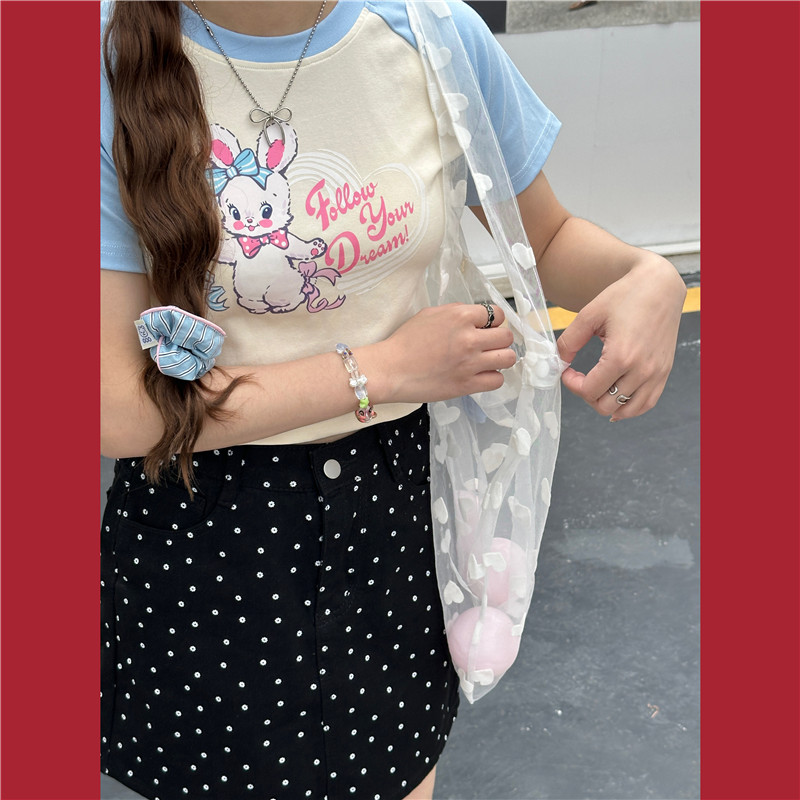 甜心轰炸机 浅蓝色日系盐系美式辣妹昭和风嗲兔子短袖t恤修身短款