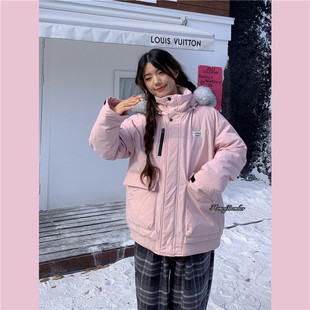 加厚设计感宽松工装 甜心轰炸机粉色大毛领羽绒棉服女冬季 棉袄外套