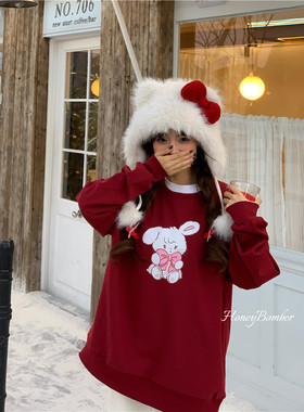 甜心轰炸机秋冬季休闲甜美小兔子长袖叠穿卫衣女加绒加厚圆领上衣