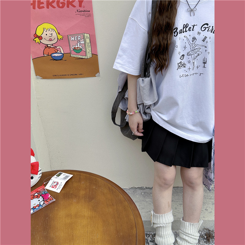 美式复古少女盐系白色芭蕾T恤tee
