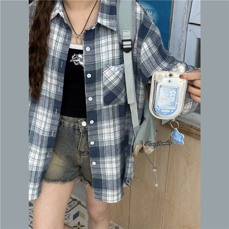 甜心轰炸机 学院风格纹宽松设计感蓝色慵懒休闲感格子衬衫女外套