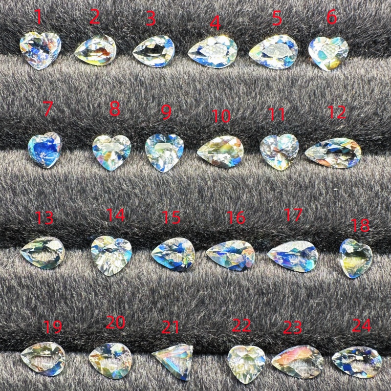 天然精选彩虹月光石裸石刻面炫彩水滴心形切工150/克拉戒面吊坠