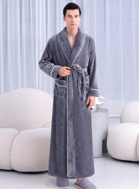 法兰绒睡袍男冬季加厚加绒超长款浴袍男士珊瑚绒大码秋冬保暖睡衣