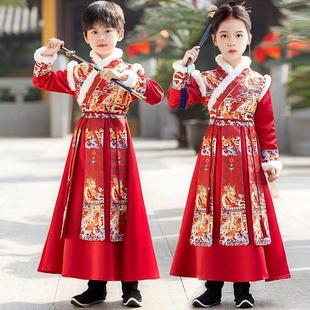 出租儿童汉服男童冬款加厚套装女童中国风红色男女同款国学服租赁