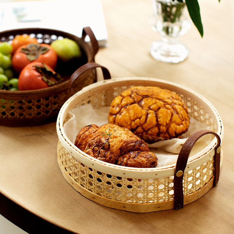 自然而然藤编收纳篮手作六角网眼皮提手藤篮水果面包茶具茶托摆件