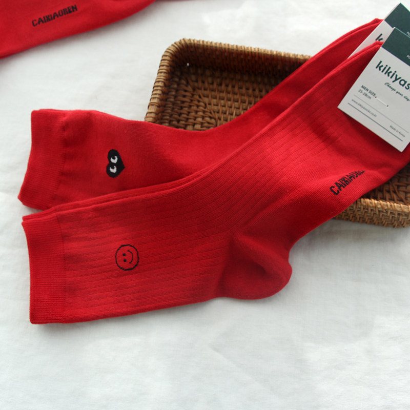 韩国进口好看的男士红色纯棉袜