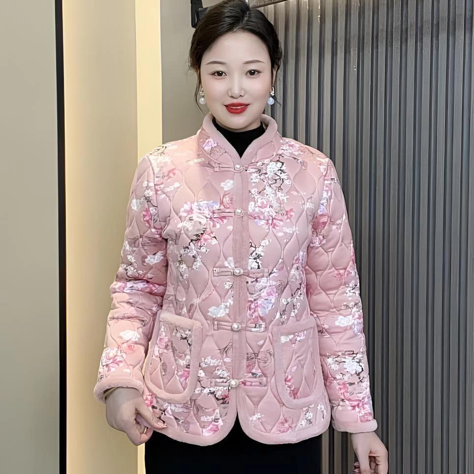 新款洋气妈妈装加绒保暖冬季小花袄中式复古盘扣棉服外套女士棉衣