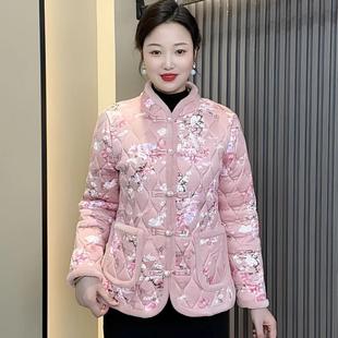 新款洋气妈妈装加绒保暖冬季小花袄中式复古盘扣棉服外套女士棉衣