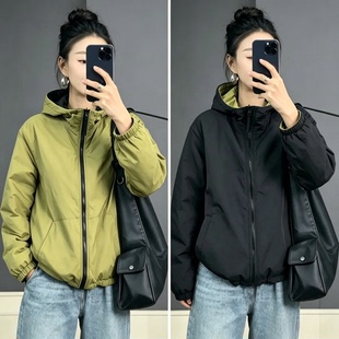 轻薄款~2026冬装新款双面穿棉衣外套女士休闲简约保暖连帽棉服女
