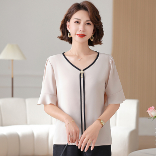 2026新款妈妈夏装宽松洋气短袖T恤50岁中年女士雪纺小衫气质上衣