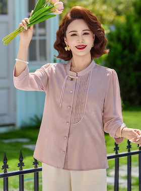 母亲节喜婆婆婚宴装新中式时尚纯色衬衫中老年七分袖洋气上衣女