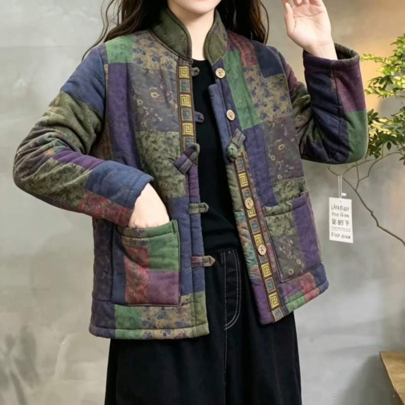 中老年妈妈民族风个性气质休闲棉服外套女士秋冬复古文艺印花棉衣
