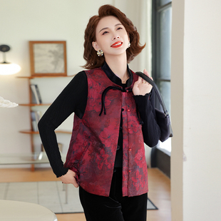 新中式国风马甲外套春秋款妈妈装背心夹层坎肩中老年人二八月马夹