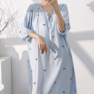 条纹蝴蝶结防凸点睡裙女夏系带棉绸家居服可外穿带胸垫连衣裙薄款