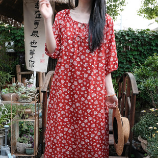 新款睡裙女夏棉绸国风碎花带内衬短袖睡衣宽松沙滩度假长裙可外穿