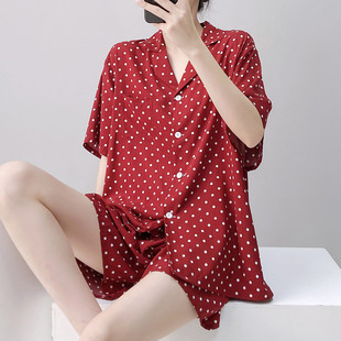 短袖 家居服套装 开衫 棉绸睡衣女夏季 波点两件套 宽松大码 可外穿薄款