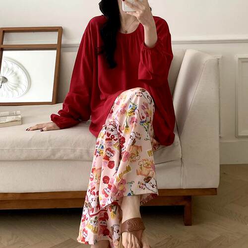 棉绸睡衣女春秋长袖夏薄款绵绸家居服人造棉套装撞色卡通大码外穿