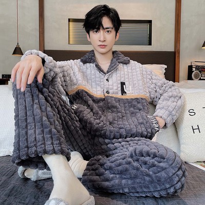 男士珊瑚绒睡衣套装2025新款秋冬加厚保暖法兰绒家居服可外穿加绒