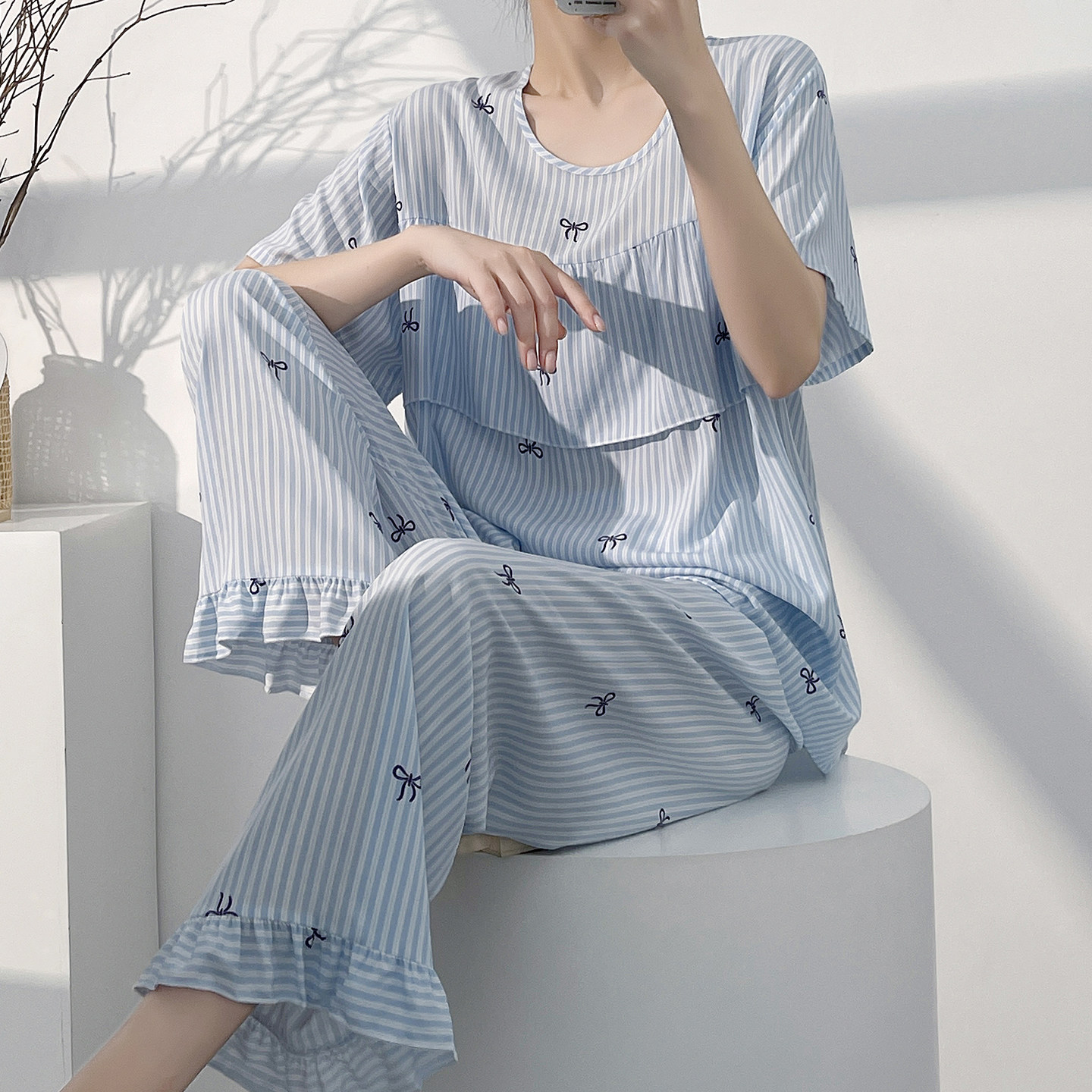 夏季棉绸防凸点女睡衣套装图片