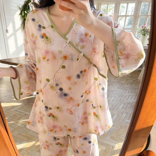 棉绸春夏薄款国风碎花家居服套装