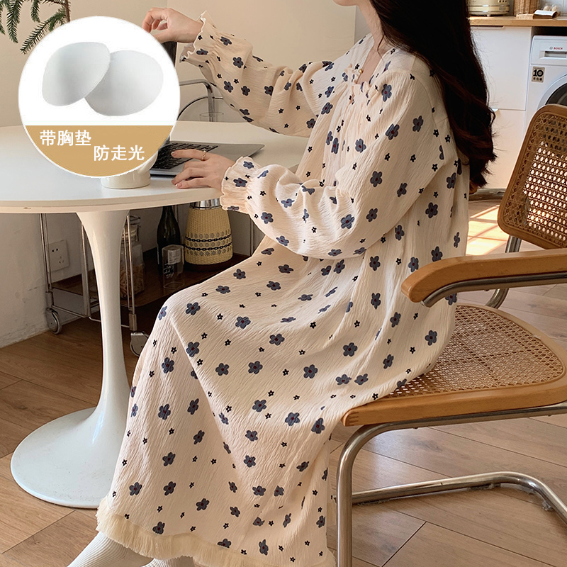夏天女士2023新款宽松睡裙女春秋季连衣裙长袖印花睡衣可爱家居服