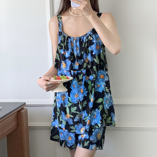 人造棉睡衣女夏防凸点宽松网红风清冷感家居服可外穿绵绸两件套装