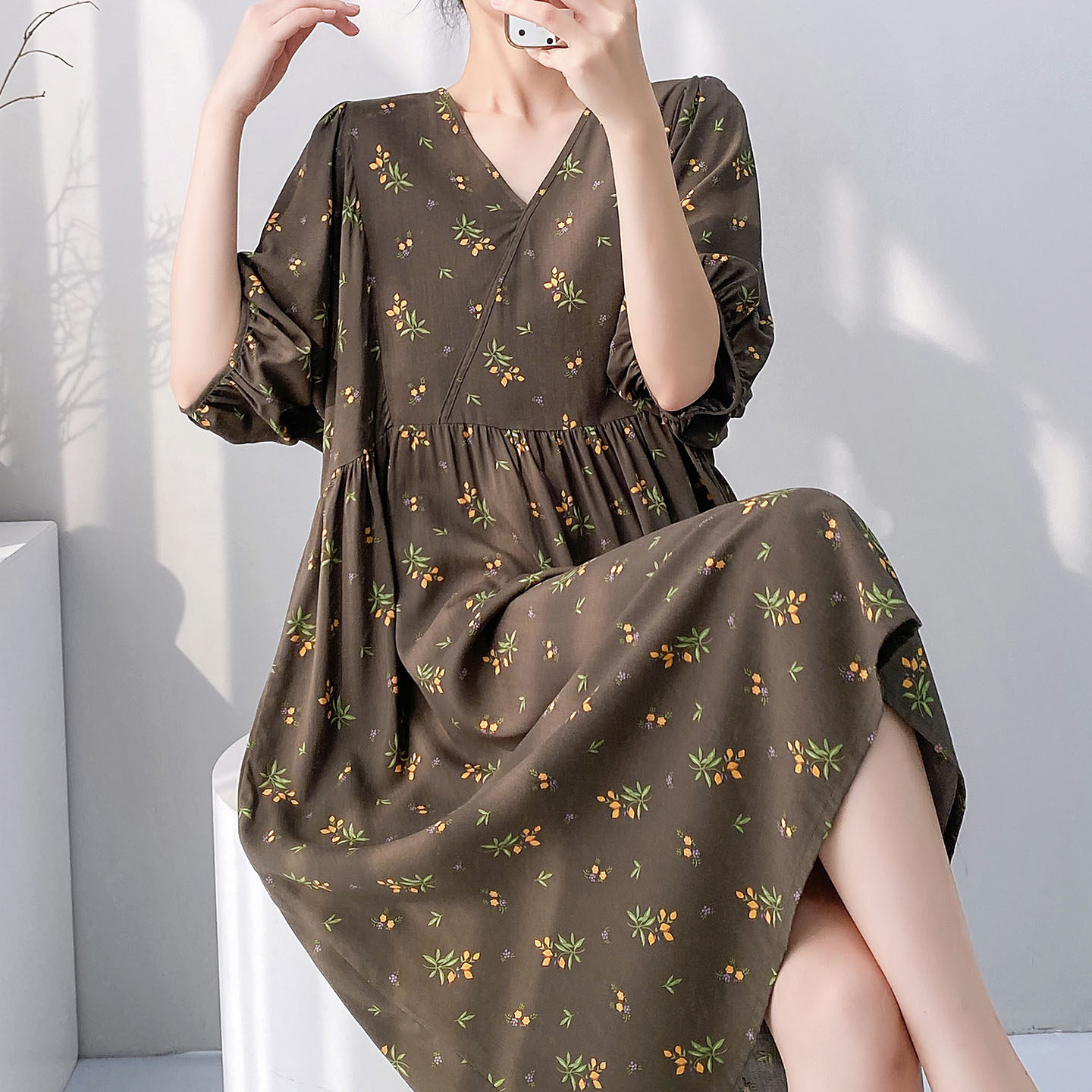 短袖淑女绵绸睡裙女夏季收腰显瘦中长款度假长裙家居服人造棉裙子